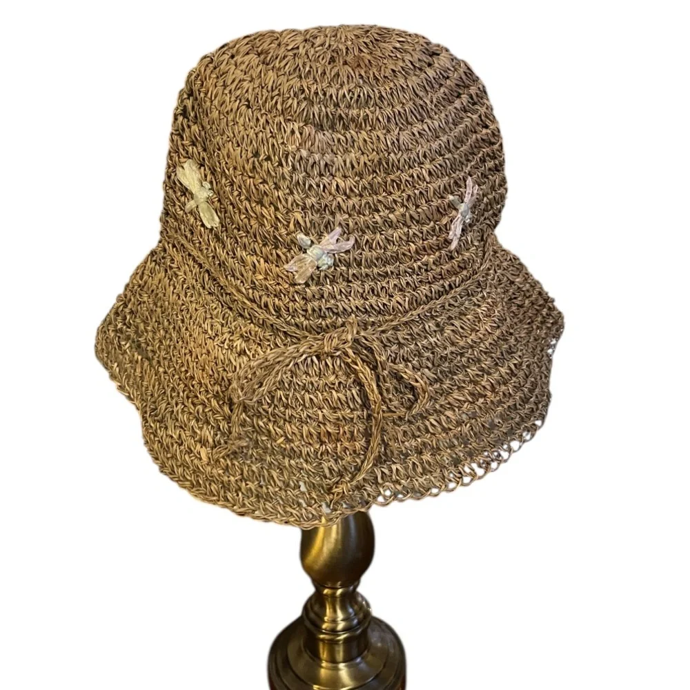 Disney Winnie the Pooh Patch Sun Bucket Woven Dragonfly Brim Straw Hat